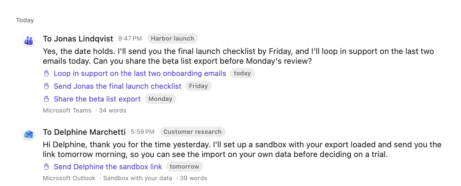 Two captured messages, one sent in Teams and one in Outlook. Under each are the to-dos Binders found: send Jonas the final launch checklist by Friday, loop in support today, share the beta list export by Monday, send Delphine the sandbox link tomorrow.